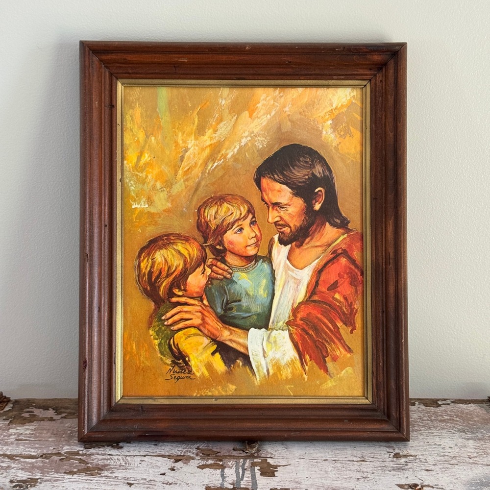 Vintage Nunez Segura Christ & Children Framed Art Print Gallery Wall Decor MCM